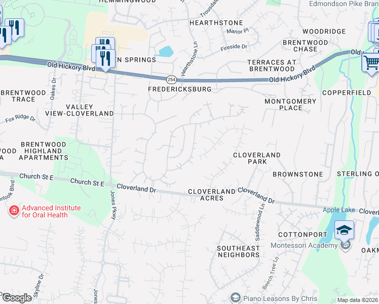 map of restaurants, bars, coffee shops, grocery stores, and more near 4836 Manassas Drive in Brentwood