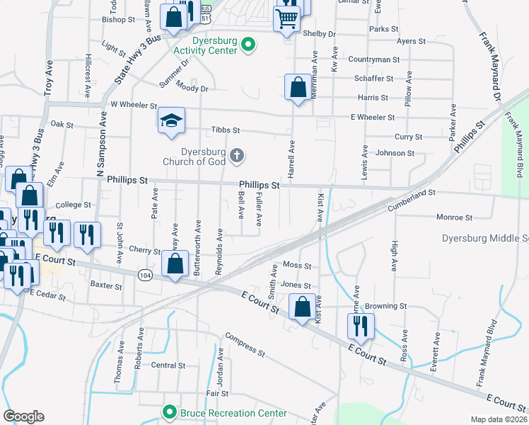 map of restaurants, bars, coffee shops, grocery stores, and more near 320 Fuller Avenue in Dyersburg