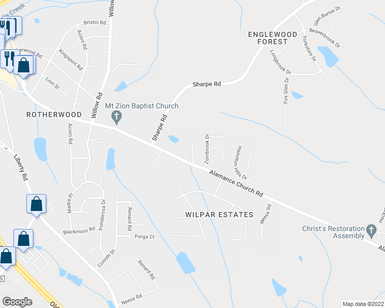 map of restaurants, bars, coffee shops, grocery stores, and more near Deerbrook Forest Lane in Greensboro