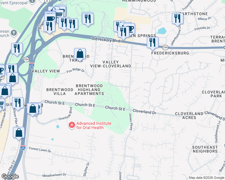 map of restaurants, bars, coffee shops, grocery stores, and more near 5671 Valley View Road in Brentwood