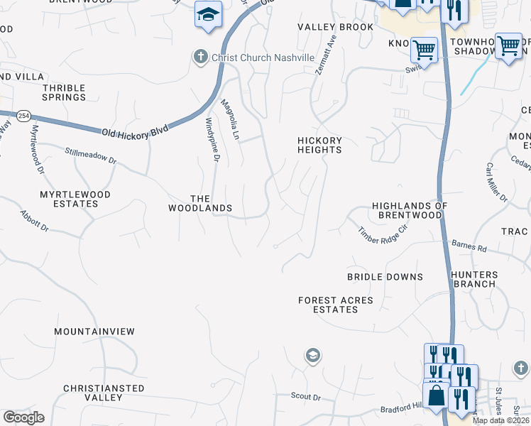 map of restaurants, bars, coffee shops, grocery stores, and more near 1201 Pineview Lane in Nashville