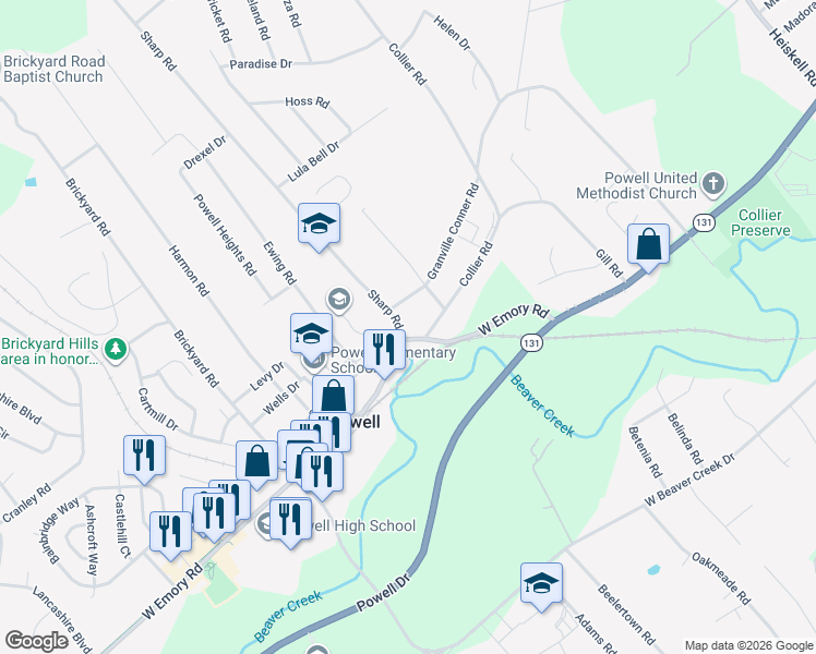 map of restaurants, bars, coffee shops, grocery stores, and more near 1307 West Emory Road in Powell