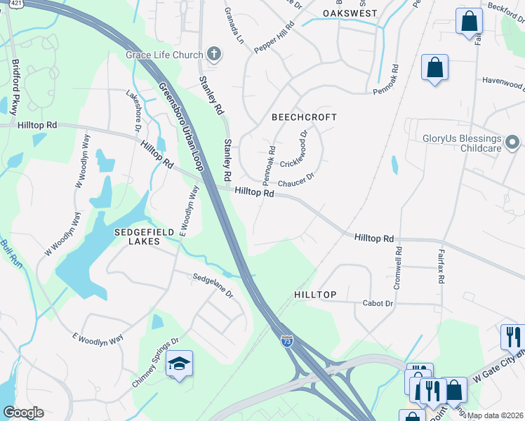 map of restaurants, bars, coffee shops, grocery stores, and more near 5199 Pennoak Road in Greensboro