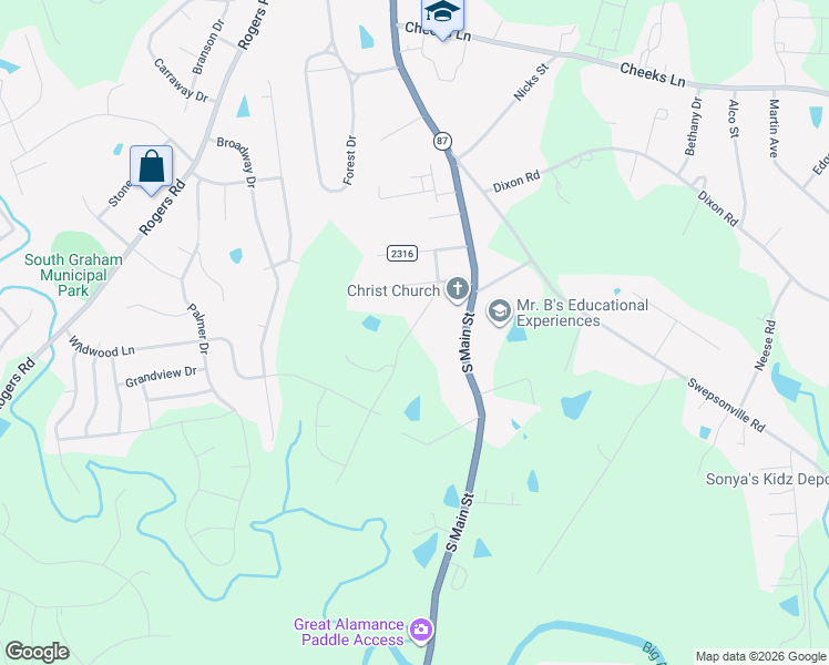 map of restaurants, bars, coffee shops, grocery stores, and more near 1710 Parham Drive in Graham