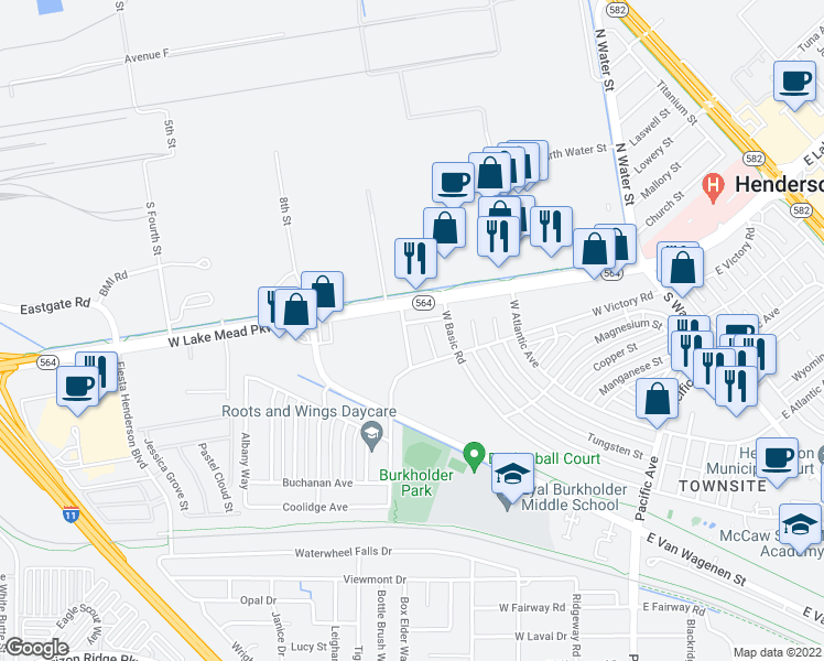 map of restaurants, bars, coffee shops, grocery stores, and more near 434 Perlite Way in Henderson