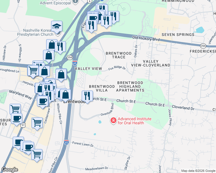 map of restaurants, bars, coffee shops, grocery stores, and more near 252 Glenstone Circle in Brentwood