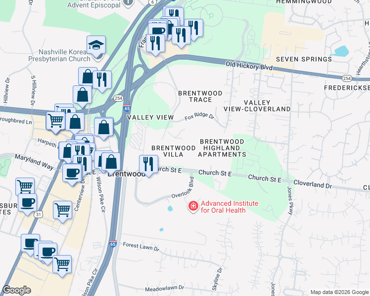 map of restaurants, bars, coffee shops, grocery stores, and more near 231 Glenstone Circle in Brentwood