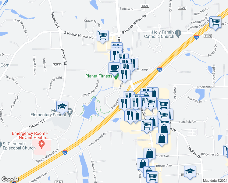 map of restaurants, bars, coffee shops, grocery stores, and more near Gentry Circle in Clemmons