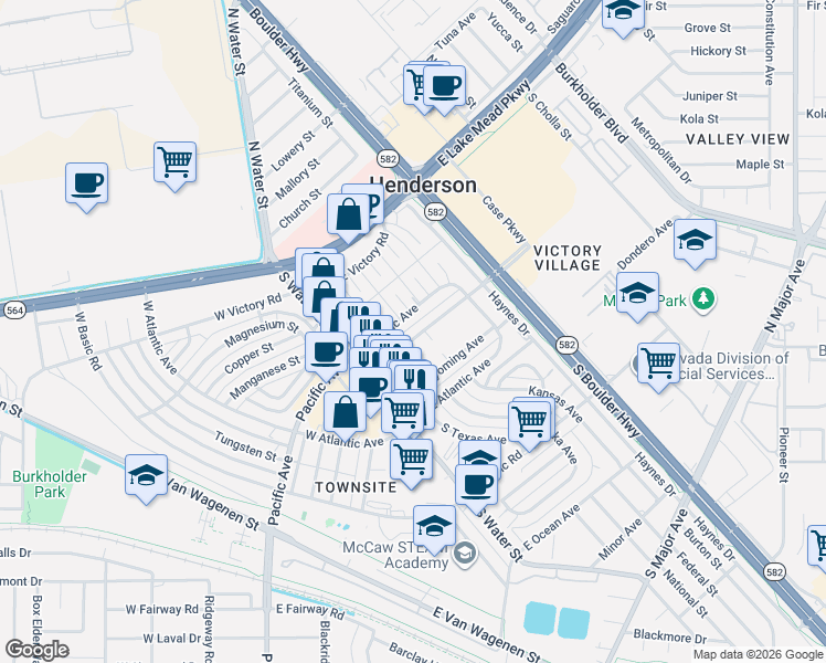 map of restaurants, bars, coffee shops, grocery stores, and more near 62 East Texas Avenue in Henderson