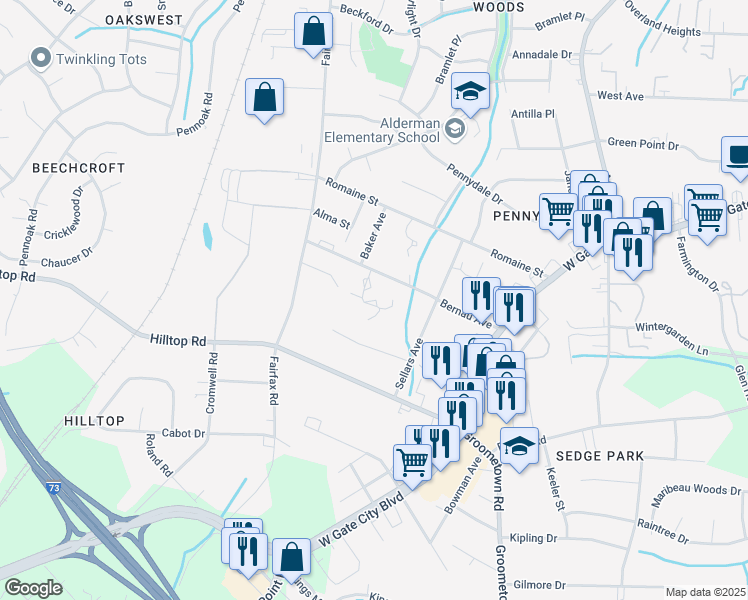 map of restaurants, bars, coffee shops, grocery stores, and more near 4217-4243 Bernau Avenue in Greensboro