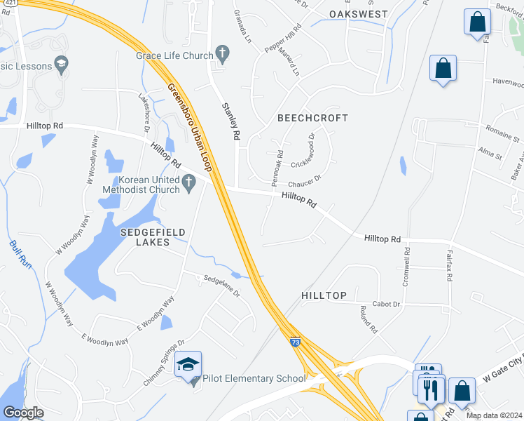 map of restaurants, bars, coffee shops, grocery stores, and more near 5199 Pennoak Road in Greensboro