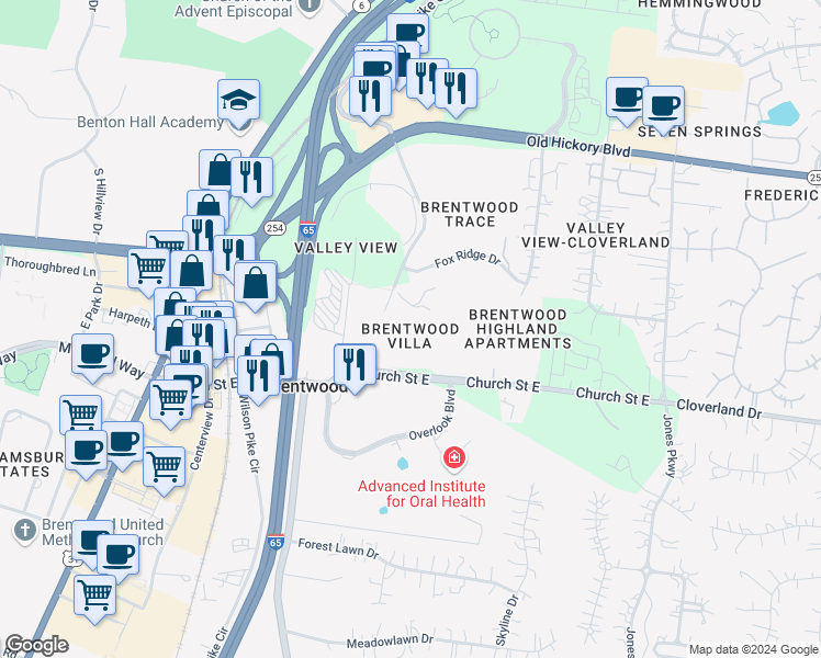 map of restaurants, bars, coffee shops, grocery stores, and more near 252 Glenstone Circle in Brentwood