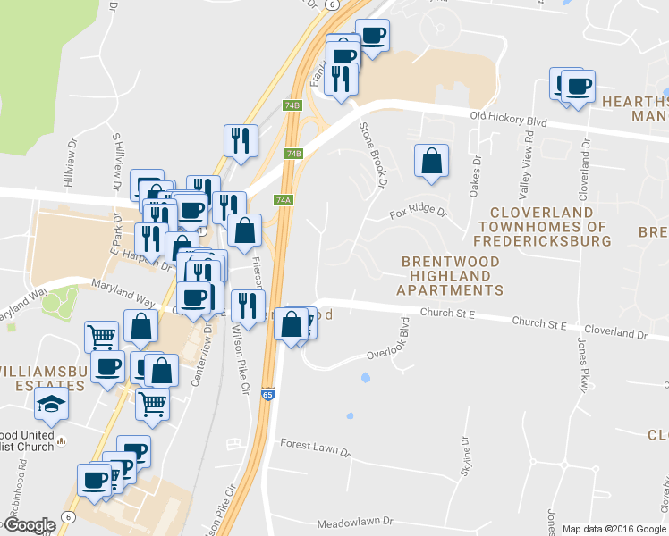 map of restaurants, bars, coffee shops, grocery stores, and more near 638 Church Street East in Brentwood