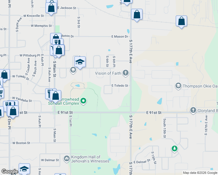 map of restaurants, bars, coffee shops, grocery stores, and more near 606 East Toledo Place in Broken Arrow