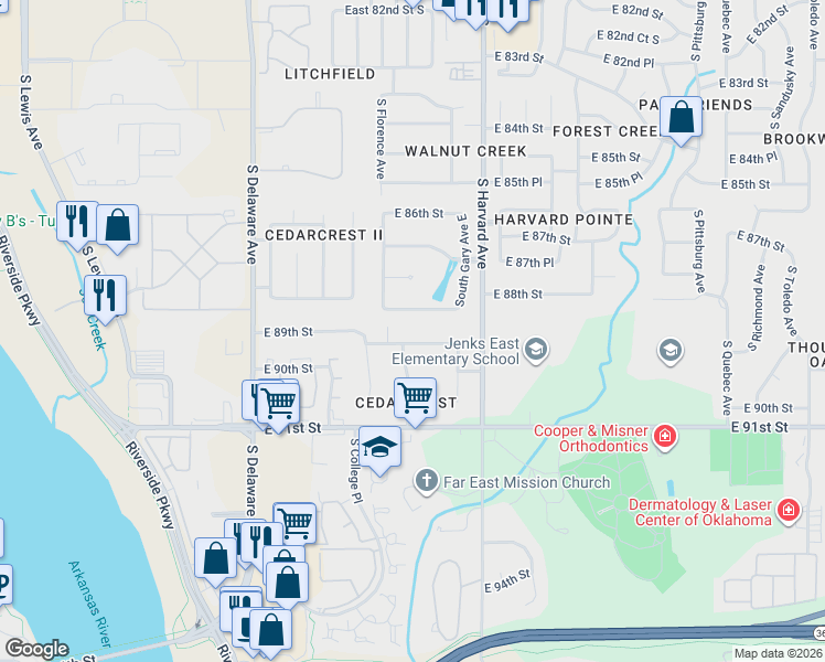 map of restaurants, bars, coffee shops, grocery stores, and more near 3121 East 89th Street in Tulsa