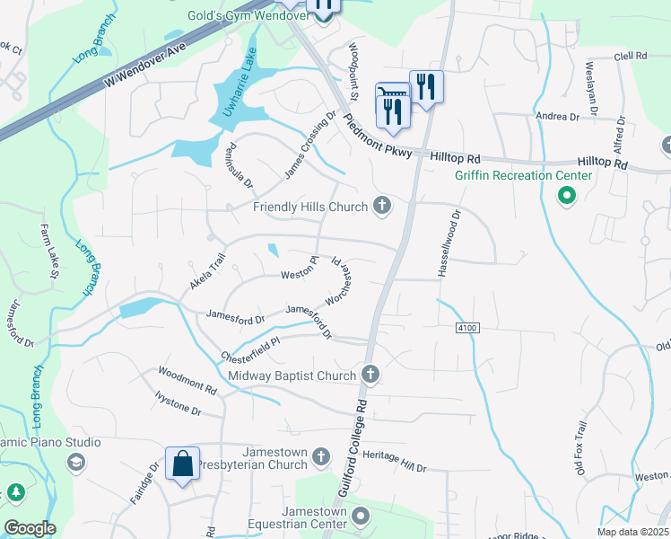 map of restaurants, bars, coffee shops, grocery stores, and more near 4822 Worchester Place in Jamestown