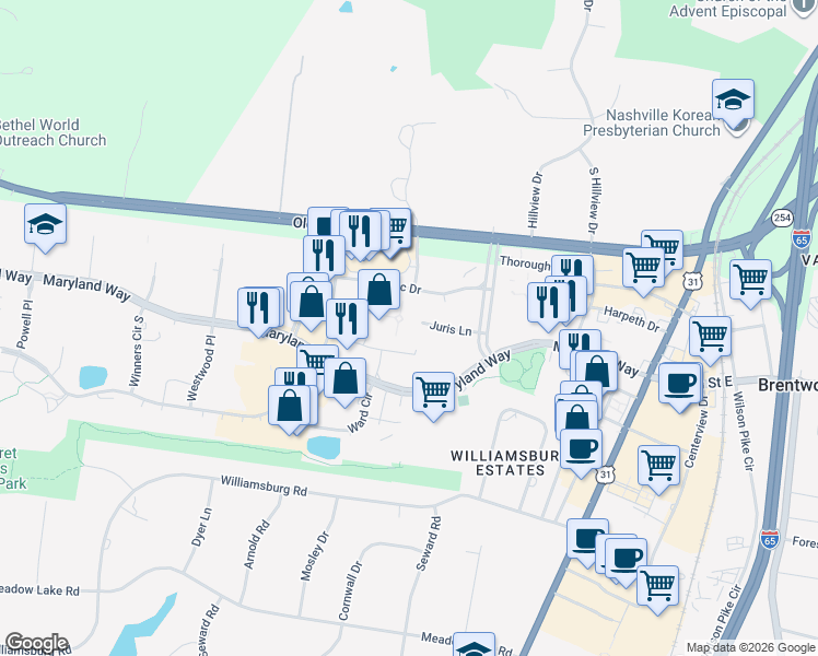 map of restaurants, bars, coffee shops, grocery stores, and more near 10 Cadillac Drive in Brentwood