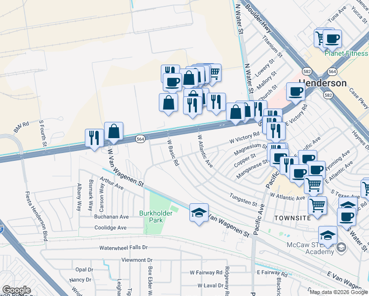 map of restaurants, bars, coffee shops, grocery stores, and more near 414 Rutile Way in Henderson