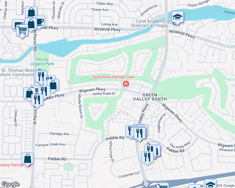 map of restaurants, bars, coffee shops, grocery stores, and more near 2411 Antler Point Drive in Henderson