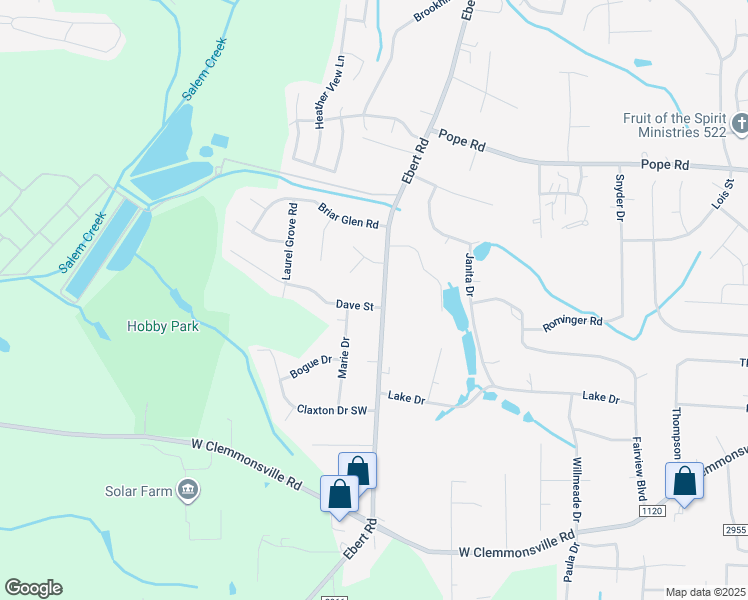 map of restaurants, bars, coffee shops, grocery stores, and more near 3968 Ebert Road in Winston-Salem