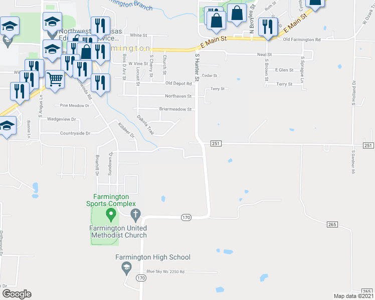map of restaurants, bars, coffee shops, grocery stores, and more near 32 West Rainsong Street in Farmington