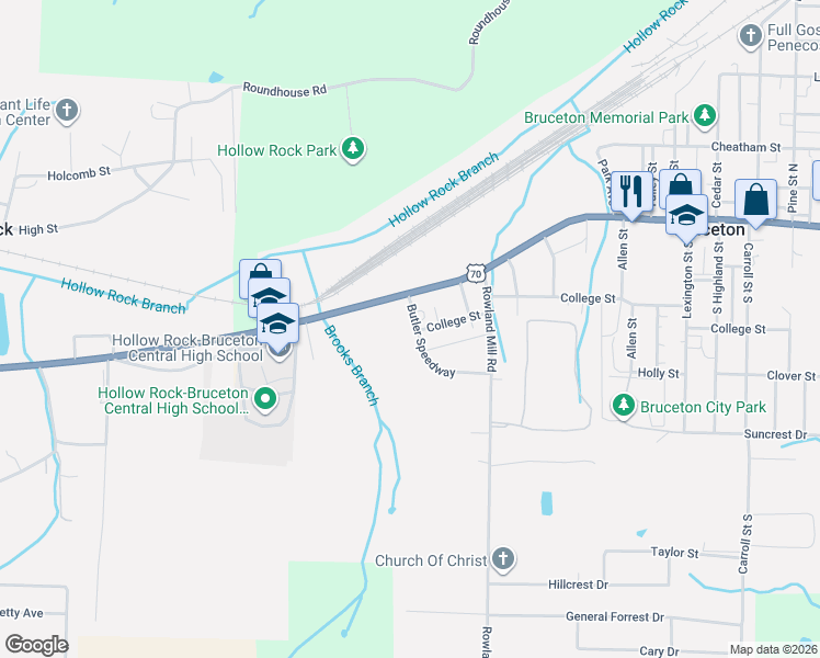 map of restaurants, bars, coffee shops, grocery stores, and more near 113 Butler Speedway in Bruceton
