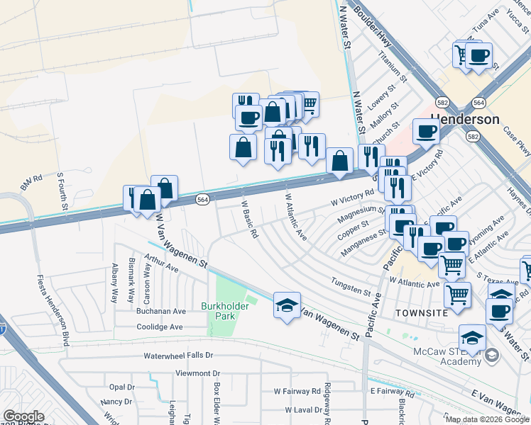 map of restaurants, bars, coffee shops, grocery stores, and more near 414 Rutile Way in Henderson