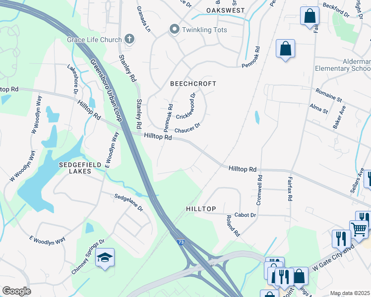 map of restaurants, bars, coffee shops, grocery stores, and more near 4811 Hilltop Road in Greensboro