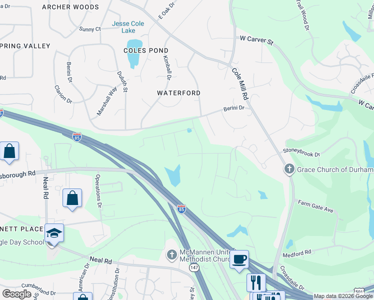 map of restaurants, bars, coffee shops, grocery stores, and more near 3941 Shoccoree Drive in Durham
