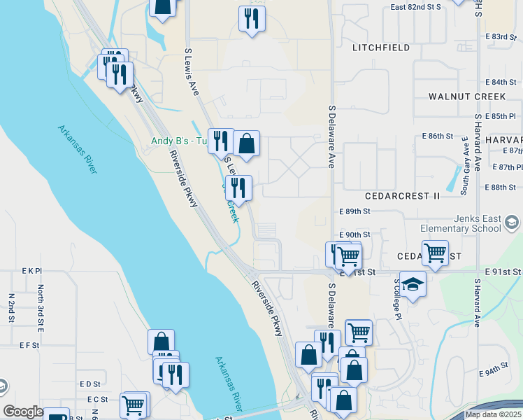 map of restaurants, bars, coffee shops, grocery stores, and more near 8887 South Lewis Avenue in Tulsa