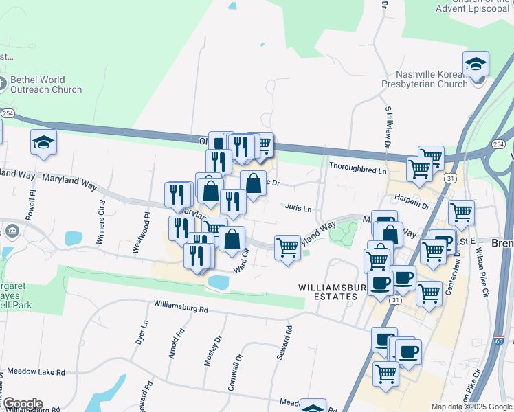 map of restaurants, bars, coffee shops, grocery stores, and more near 12 Cadillac Drive in Brentwood
