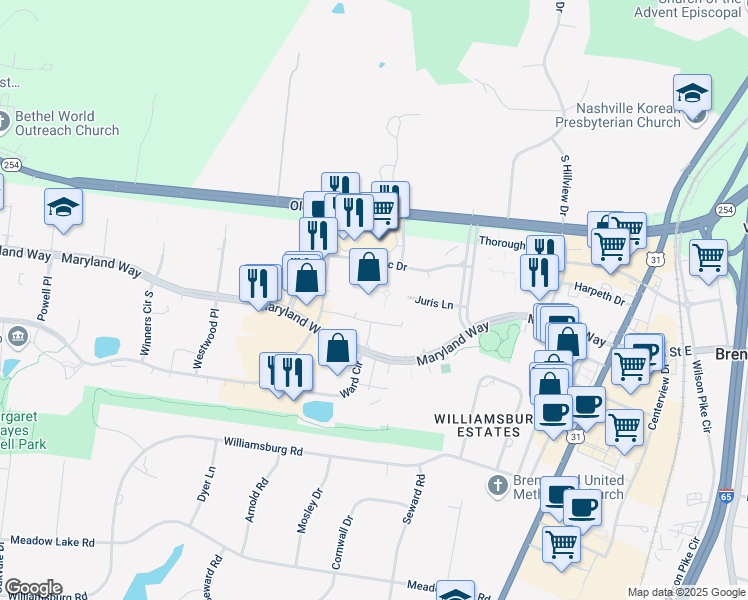 map of restaurants, bars, coffee shops, grocery stores, and more near 12 Cadillac Drive in Brentwood