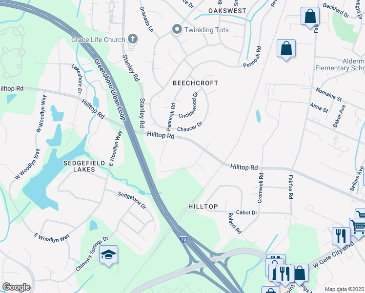 map of restaurants, bars, coffee shops, grocery stores, and more near 4811 Hilltop Road in Greensboro