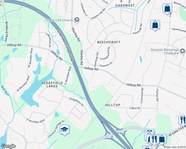 map of restaurants, bars, coffee shops, grocery stores, and more near 5199 Pennoak Road in Greensboro