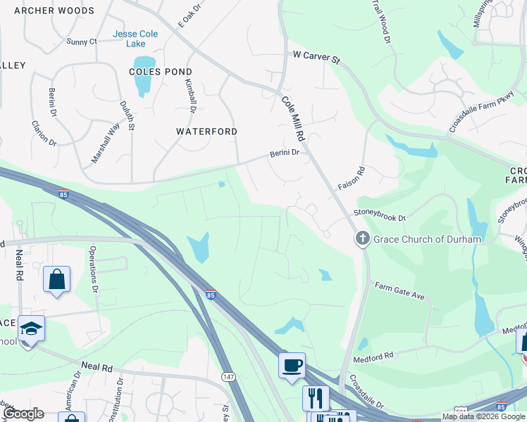map of restaurants, bars, coffee shops, grocery stores, and more near 1012 Balsawood Drive in Durham