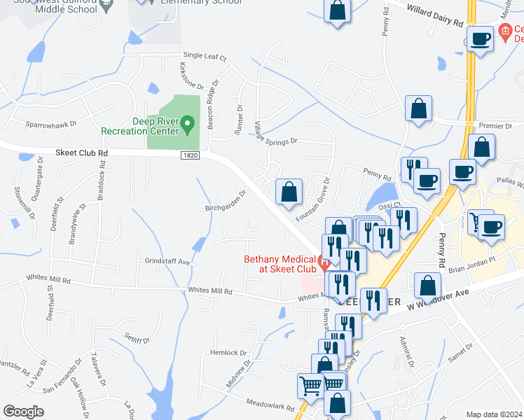 map of restaurants, bars, coffee shops, grocery stores, and more near 1560 Skeet Club Road in High Point