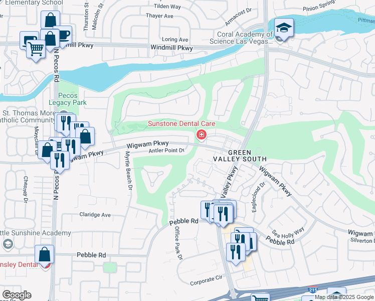 map of restaurants, bars, coffee shops, grocery stores, and more near 2411 Antler Point Drive in Henderson