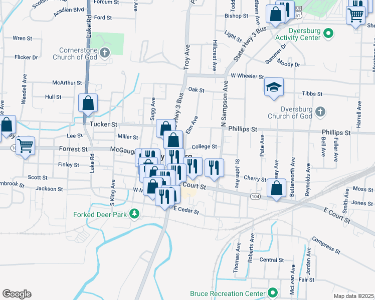 map of restaurants, bars, coffee shops, grocery stores, and more near 307 College Street in Dyersburg