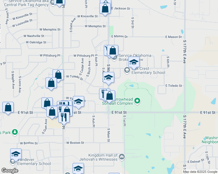 map of restaurants, bars, coffee shops, grocery stores, and more near in Broken Arrow
