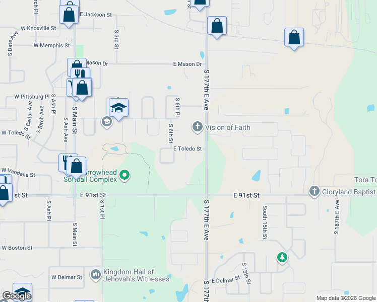 map of restaurants, bars, coffee shops, grocery stores, and more near 1813 South 7th Street in Broken Arrow