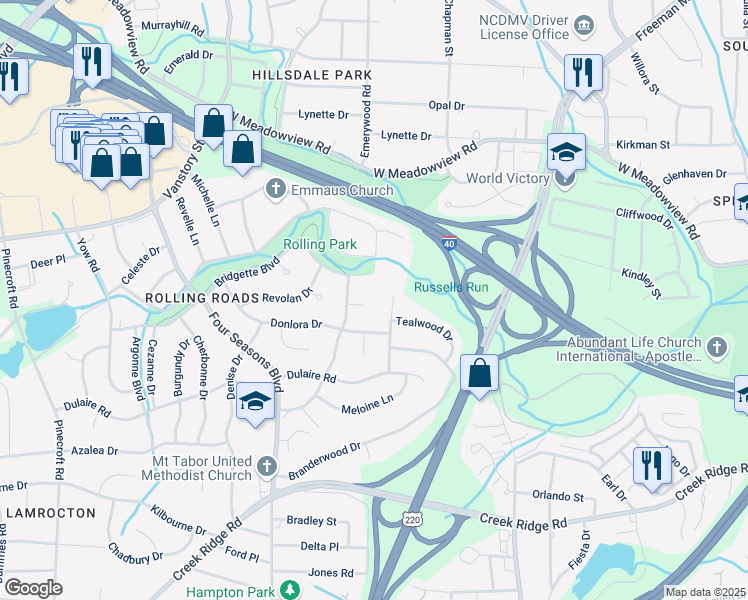 map of restaurants, bars, coffee shops, grocery stores, and more near 2001 Dumaine Court in Greensboro