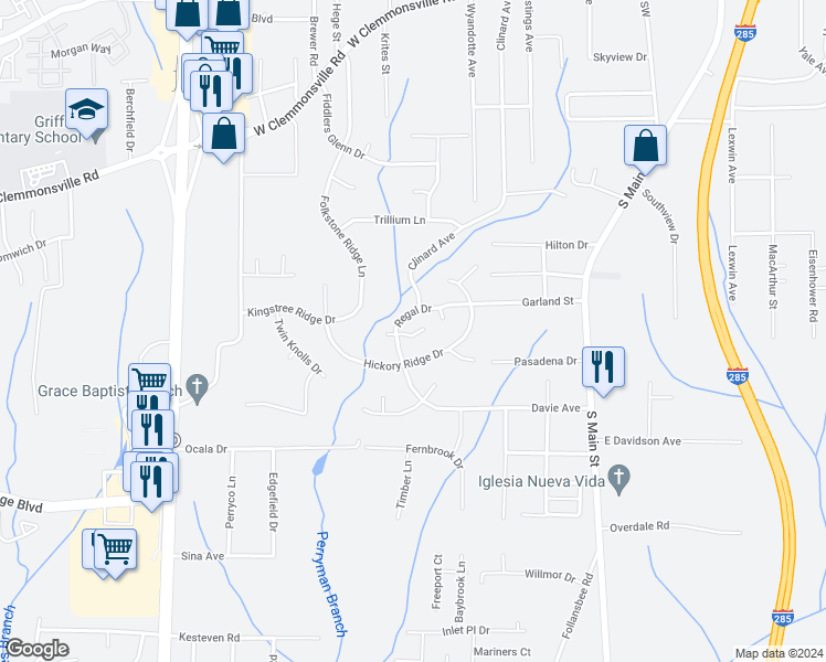 map of restaurants, bars, coffee shops, grocery stores, and more near 4512 Princess Drive in Winston-Salem