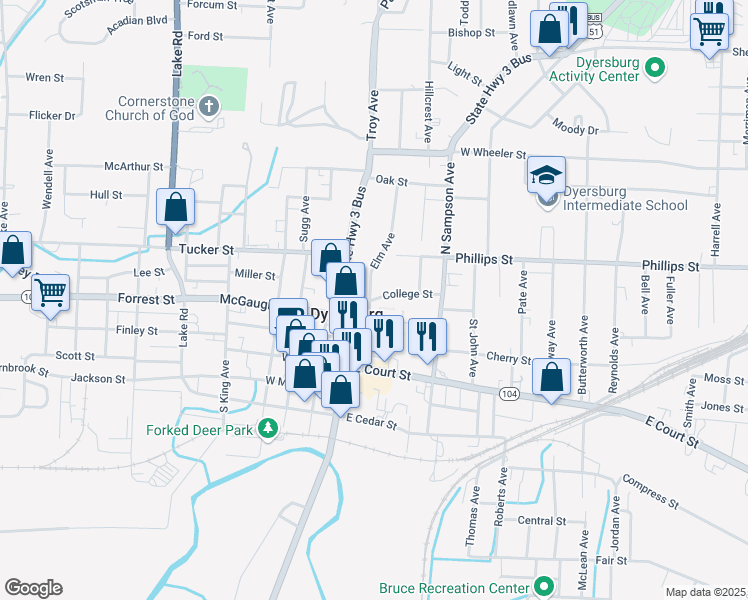 map of restaurants, bars, coffee shops, grocery stores, and more near 307 College Street in Dyersburg