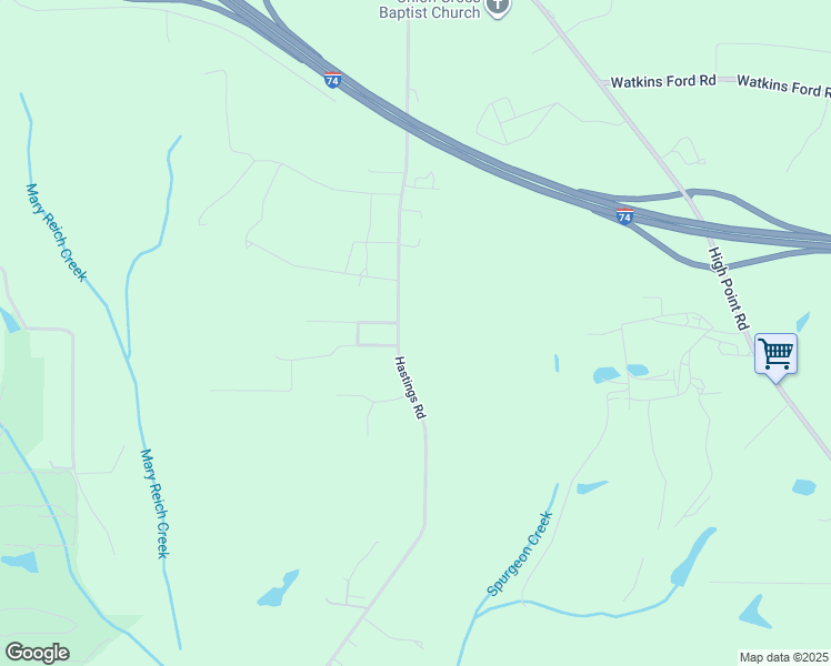 map of restaurants, bars, coffee shops, grocery stores, and more near 3895 Hastings Road in Kernersville