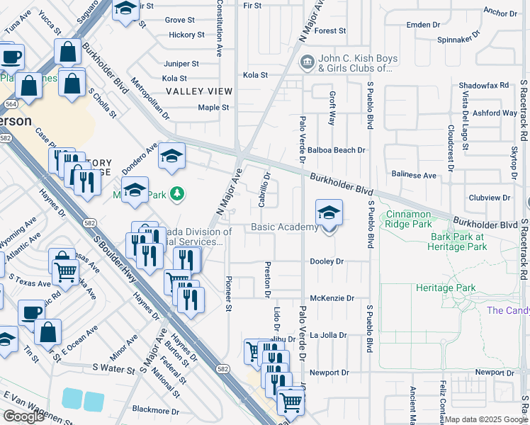map of restaurants, bars, coffee shops, grocery stores, and more near 510 Junebug Place in Henderson