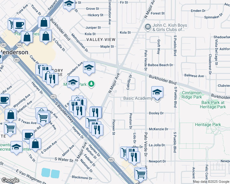 map of restaurants, bars, coffee shops, grocery stores, and more near 490 Pioneer Street in Henderson