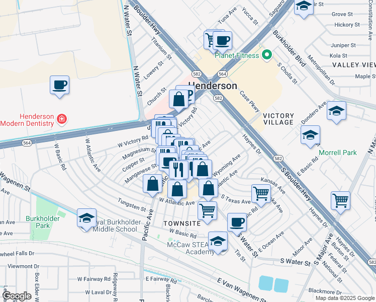map of restaurants, bars, coffee shops, grocery stores, and more near 10 South Water Street in Henderson