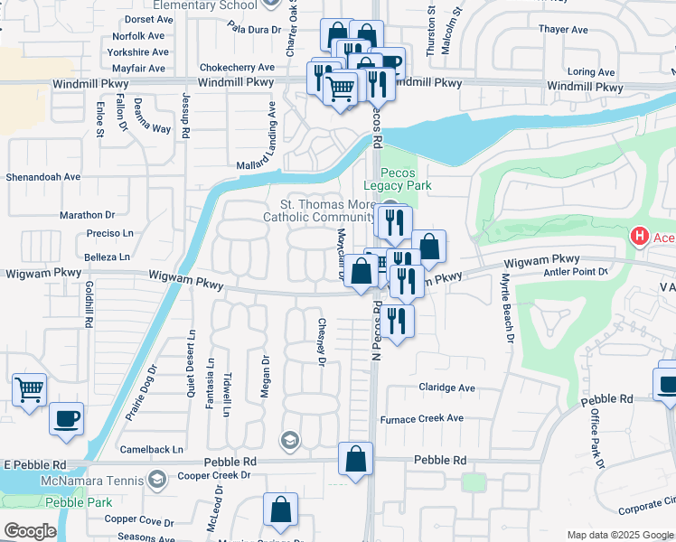 map of restaurants, bars, coffee shops, grocery stores, and more near 100 Montclair Drive in Henderson