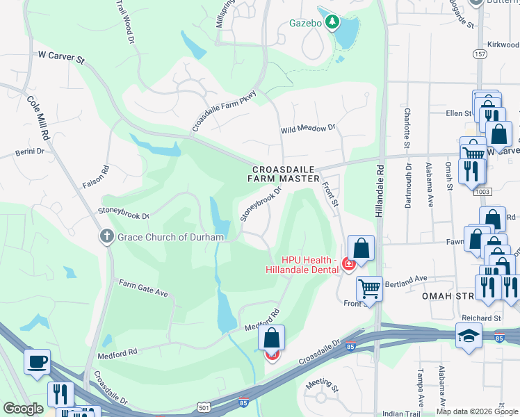 map of restaurants, bars, coffee shops, grocery stores, and more near 3315 Stoneybrook Drive in Durham
