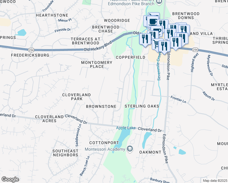 map of restaurants, bars, coffee shops, grocery stores, and more near 83 Trotwood Circle in Brentwood